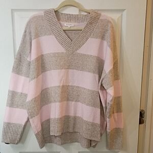 Cozy V-Neck Stripe Sweater - Pink & Gray